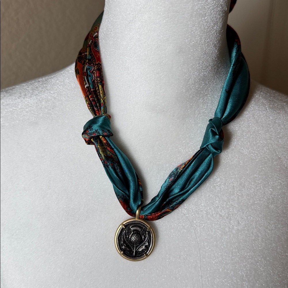 Silk Scarf Necklace with Silver and Gold‎ Tone  Pendant.